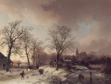 Snow Painting - Figures in a snow Landscape Dutch Barend Cornelis Koekkoek